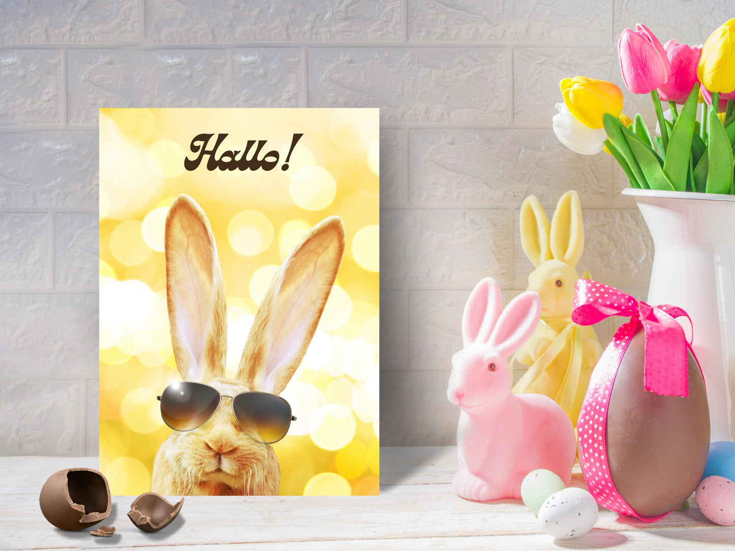 "Hallo!" German Easter card with Cool Bunny