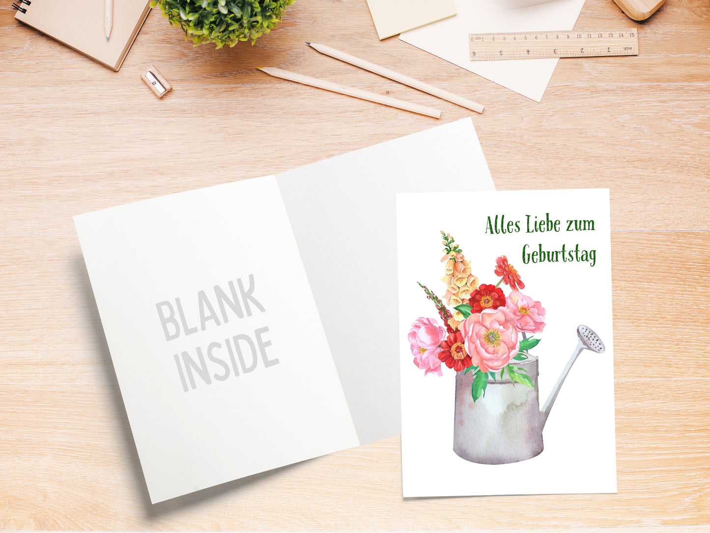German Birthday card with pretty flowers in watering can