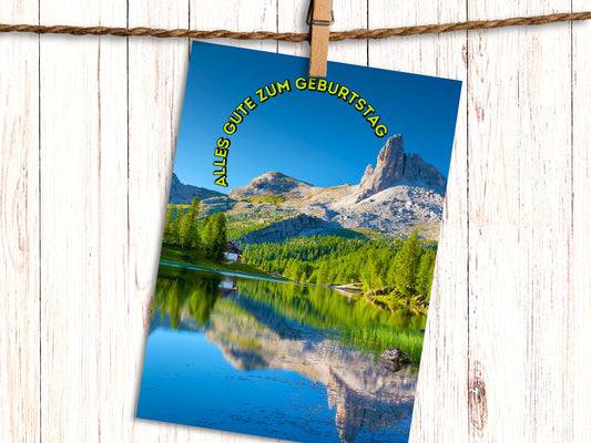 German Birthday card with Alpine mountain scene "Alles Gute zum Geburtstag"