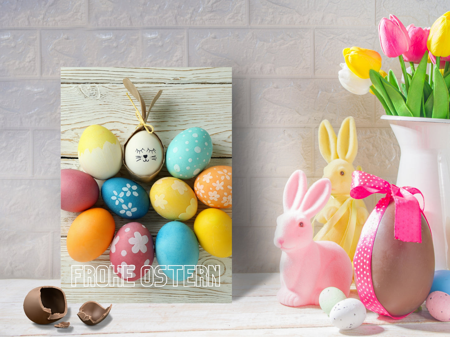 "Frohe Ostern" German Easter card with colored eggs