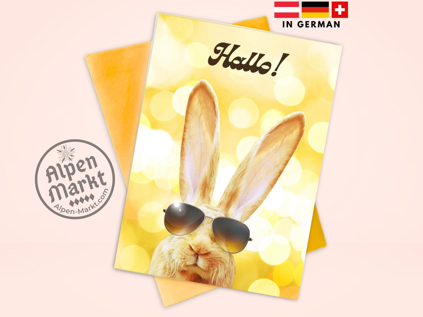 "Hallo!" German Easter card with Cool Bunny