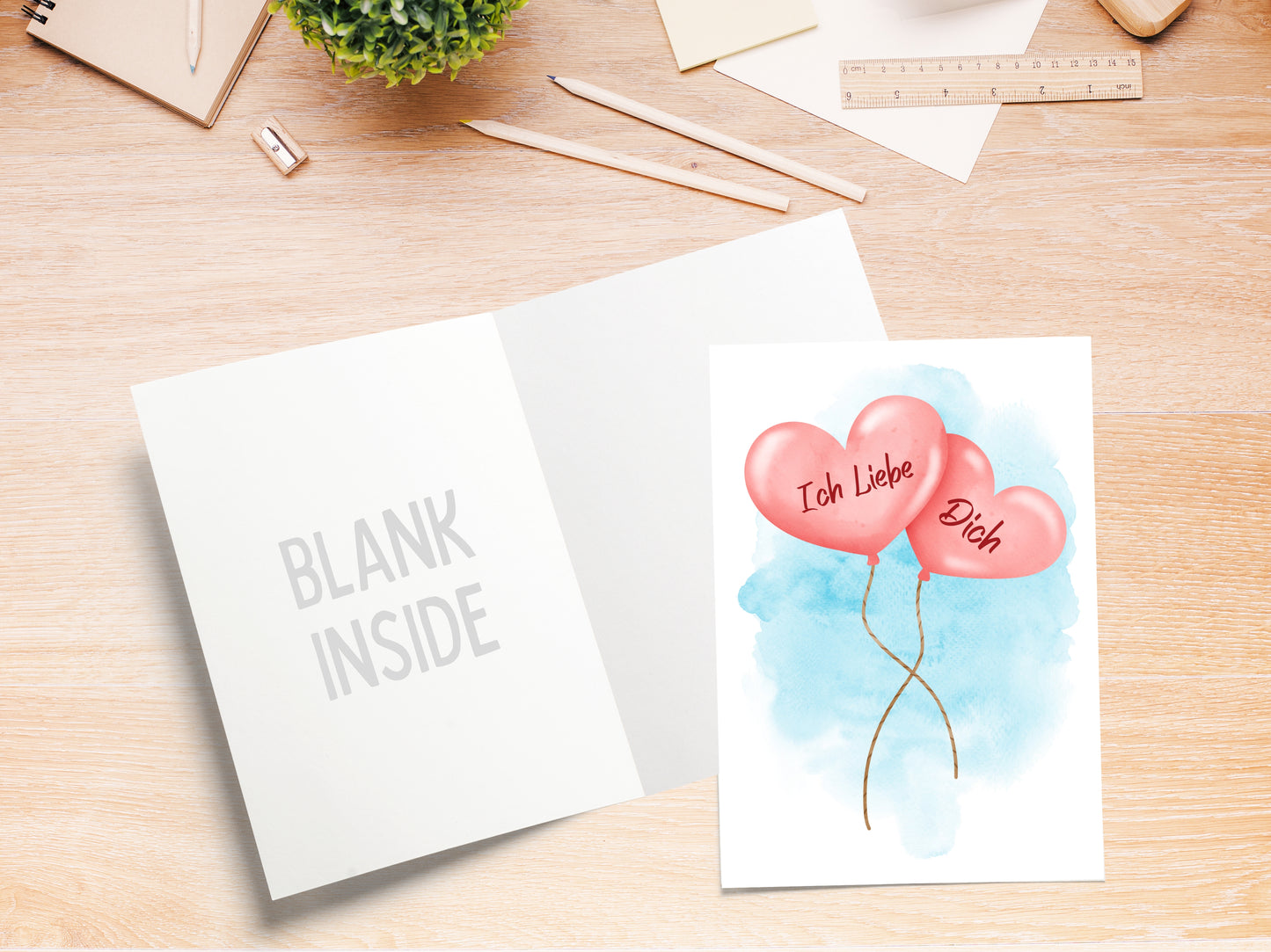 Heart Balloons "Ich Liebe Dich" German I Love You romantic card