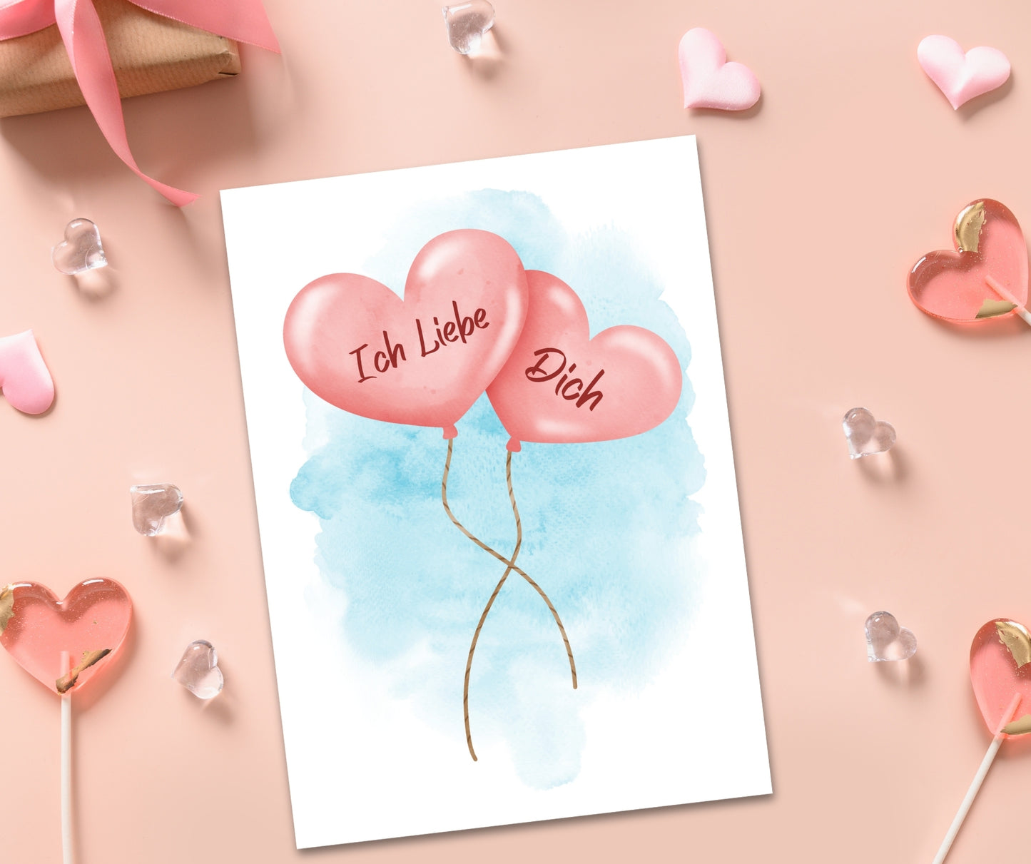 Heart Balloons "Ich Liebe Dich" German I Love You romantic card
