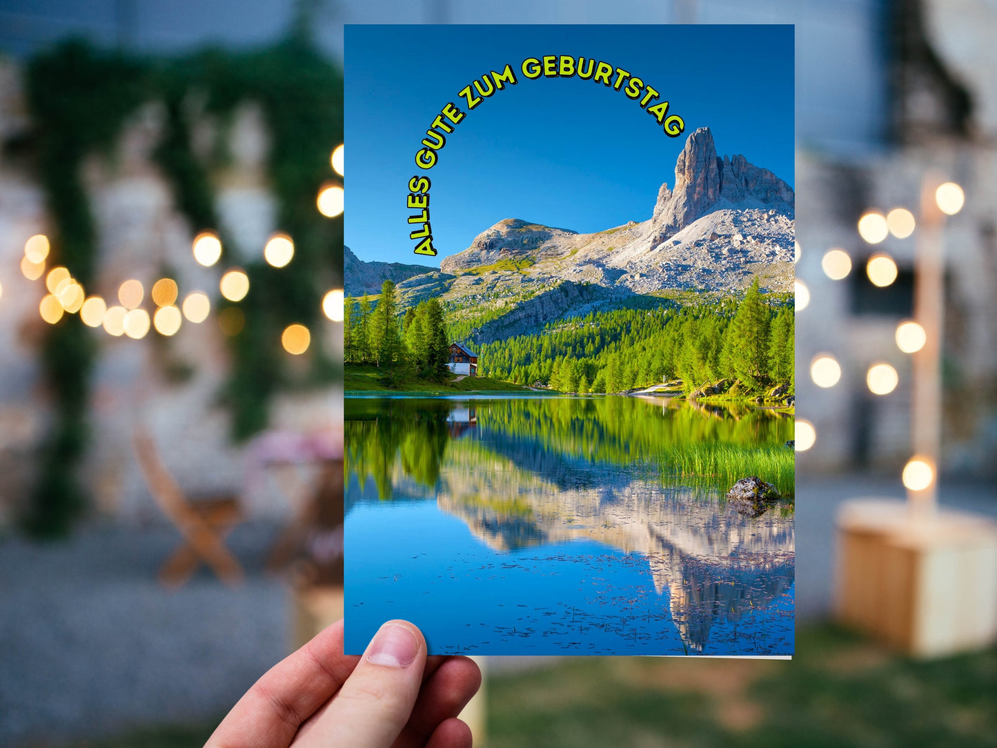 German Birthday card with Alpine mountain scene "Alles Gute zum Geburtstag"