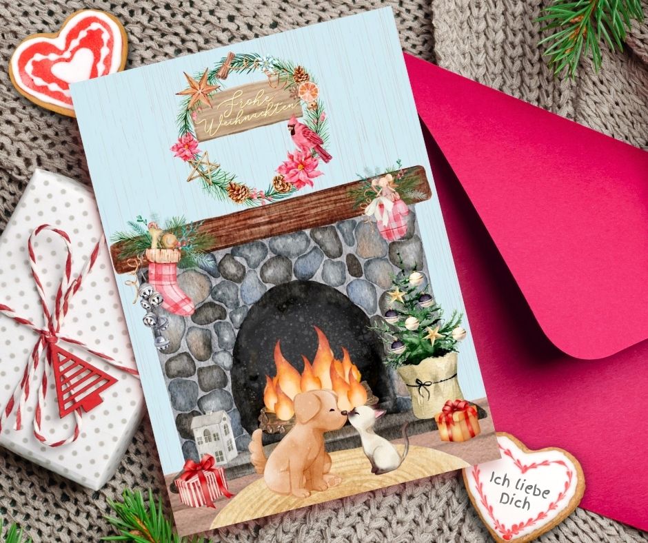 "The Kiss" Dog and Cat Romantic Christmas Card - Frohe Weihnachten