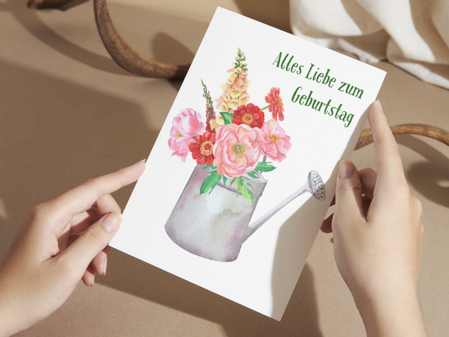 German Birthday card with pretty flowers in watering can