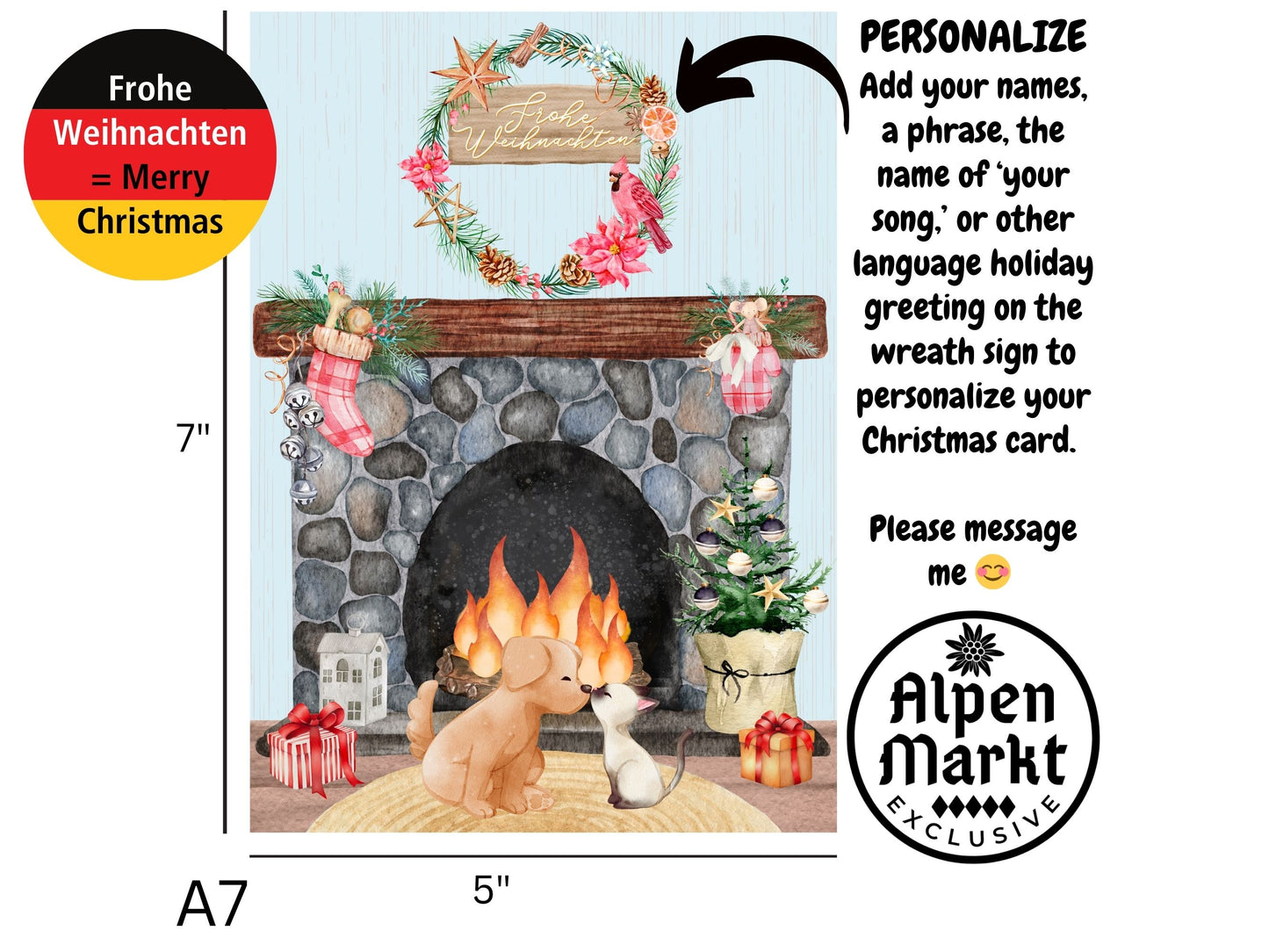 "The Kiss" Dog and Cat Romantic Christmas Card - Frohe Weihnachten