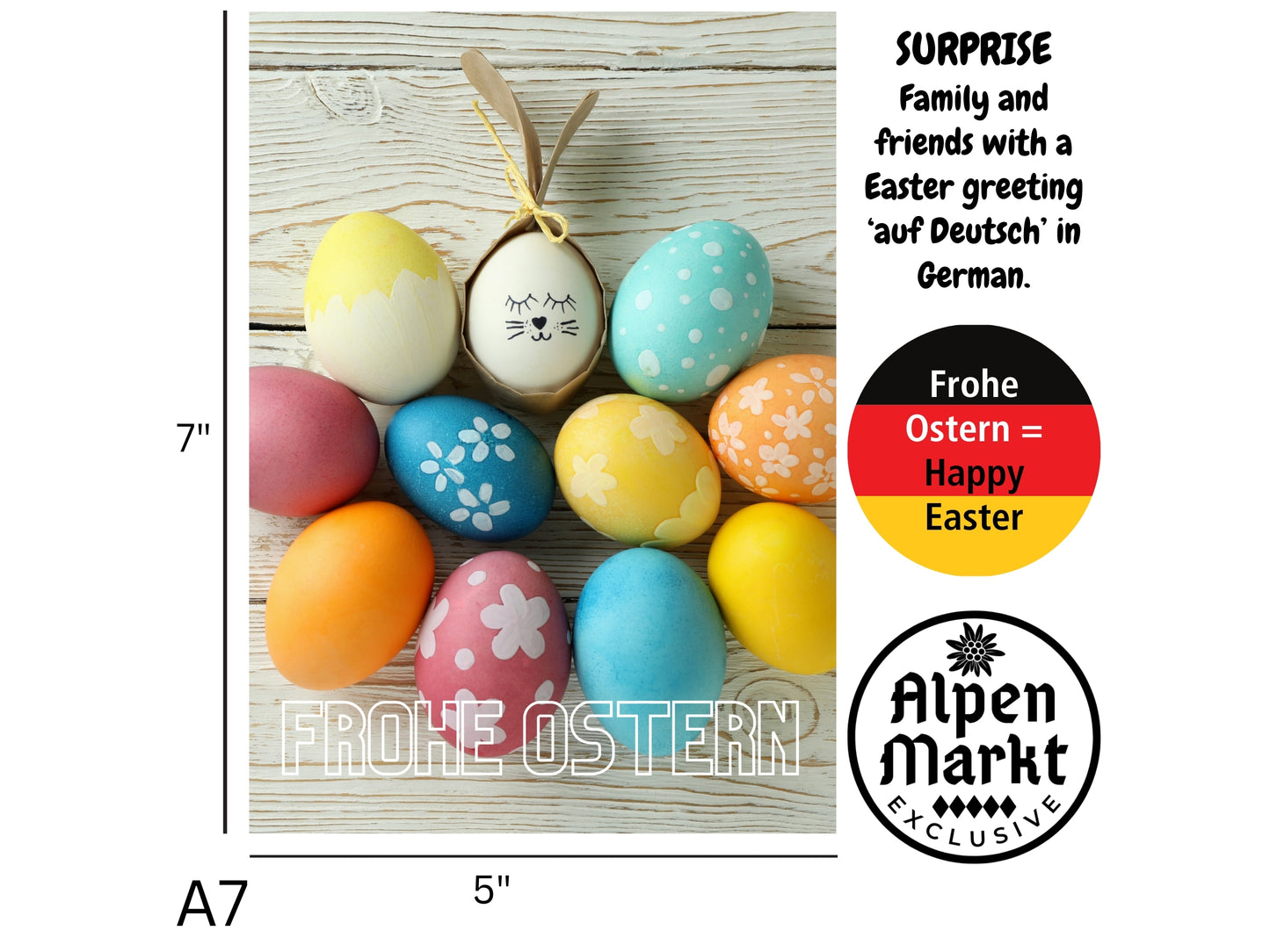 "Frohe Ostern" German Easter card with colored eggs
