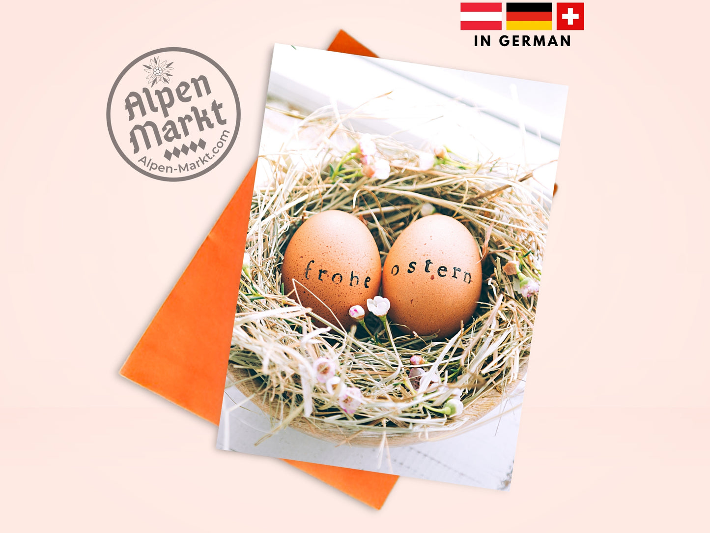 Eggs in nest "Frohe Ostern" pretty German Easter card