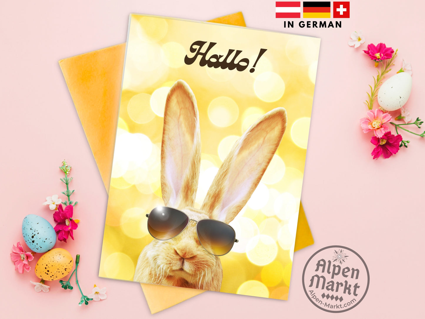 "Hallo!" German Easter card with Cool Bunny