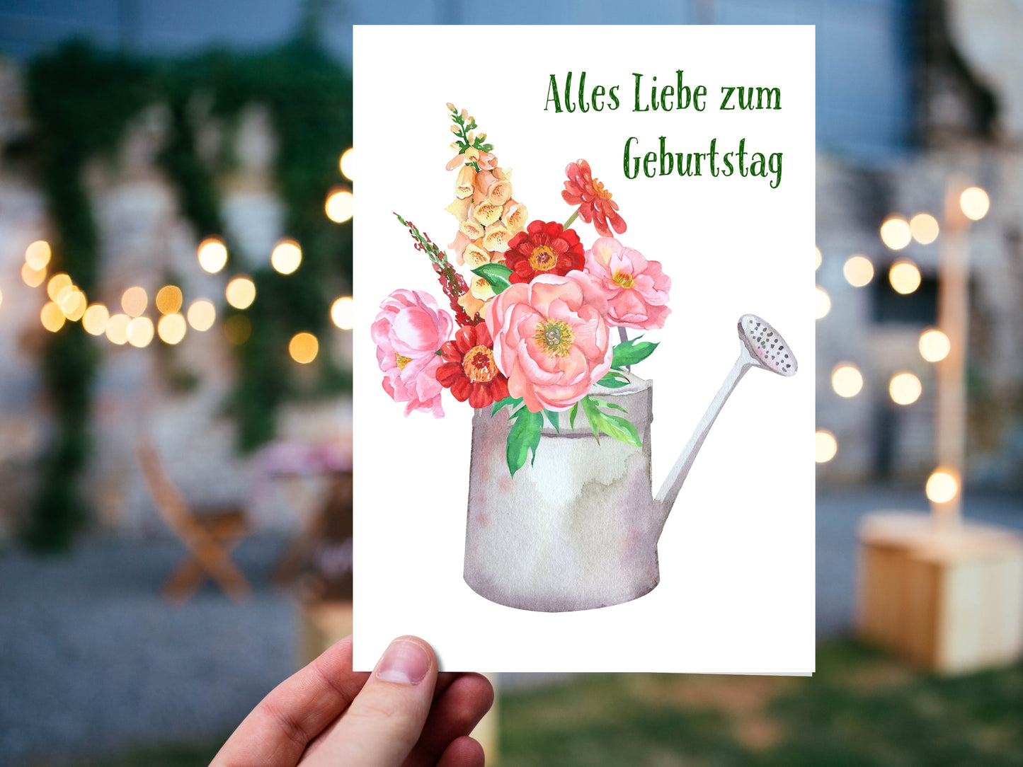 German Birthday card with pretty flowers in watering can