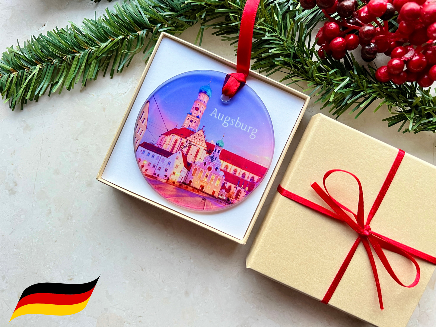 Augsburg Germany glass ornament with gift box