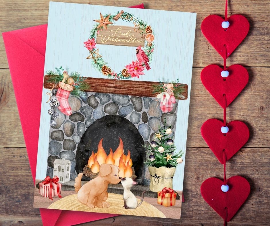 "The Kiss" Dog and Cat Romantic Christmas Card - Frohe Weihnachten