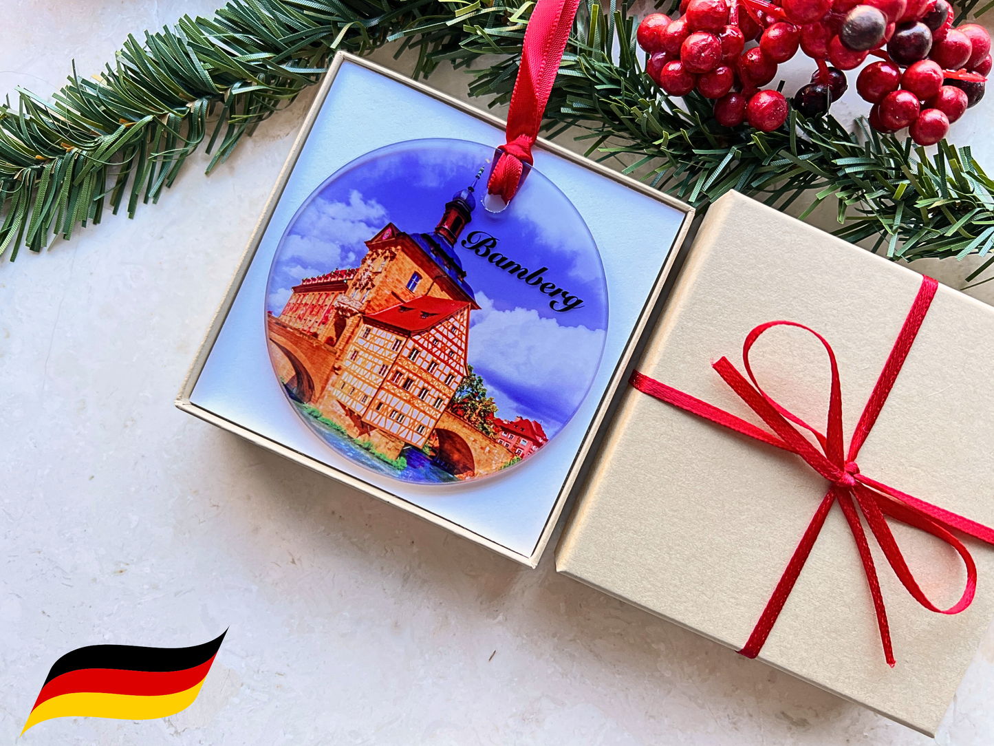 Bamberg Germany glass ornament with gift box