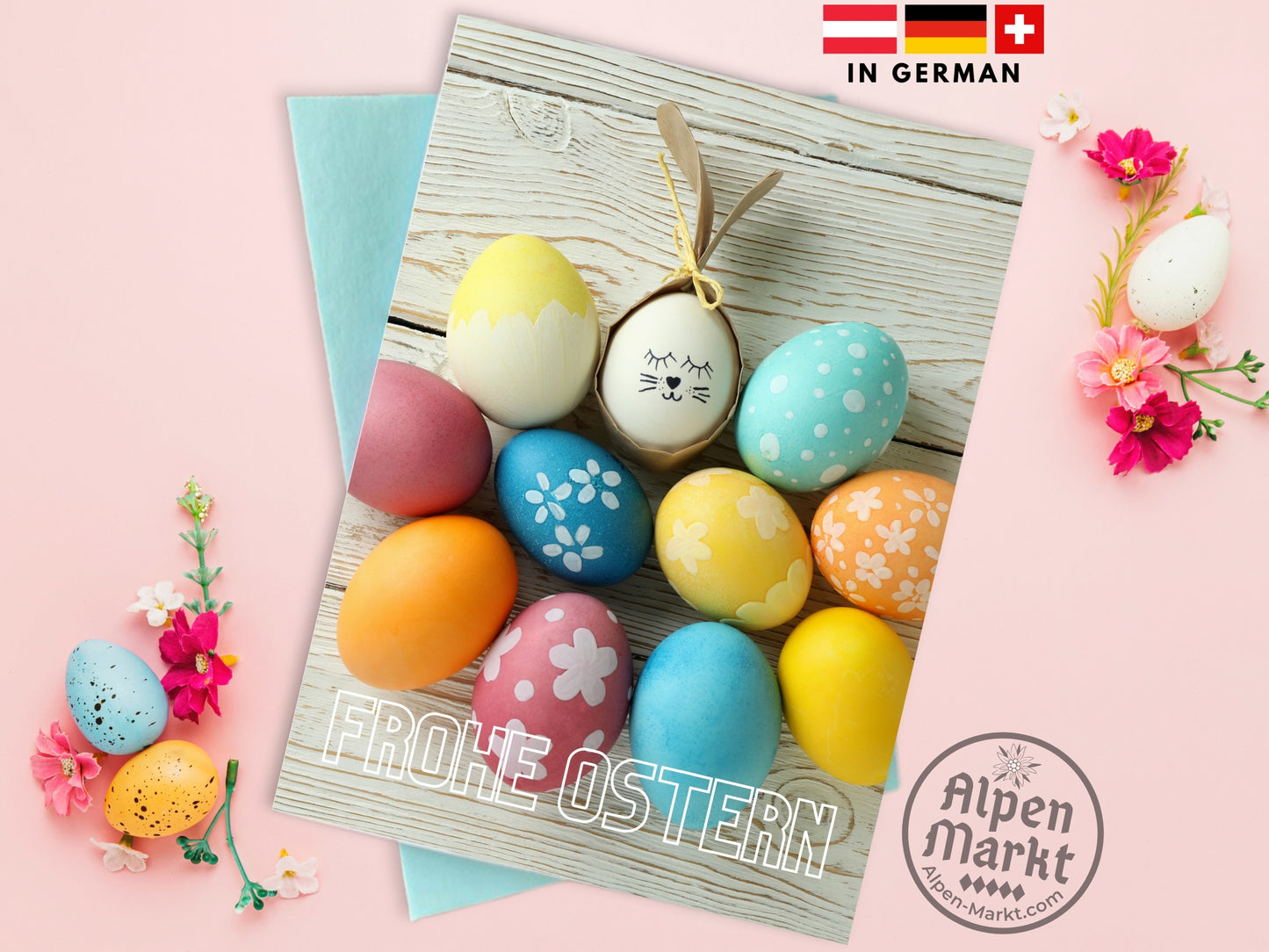 "Frohe Ostern" German Easter card with colored eggs