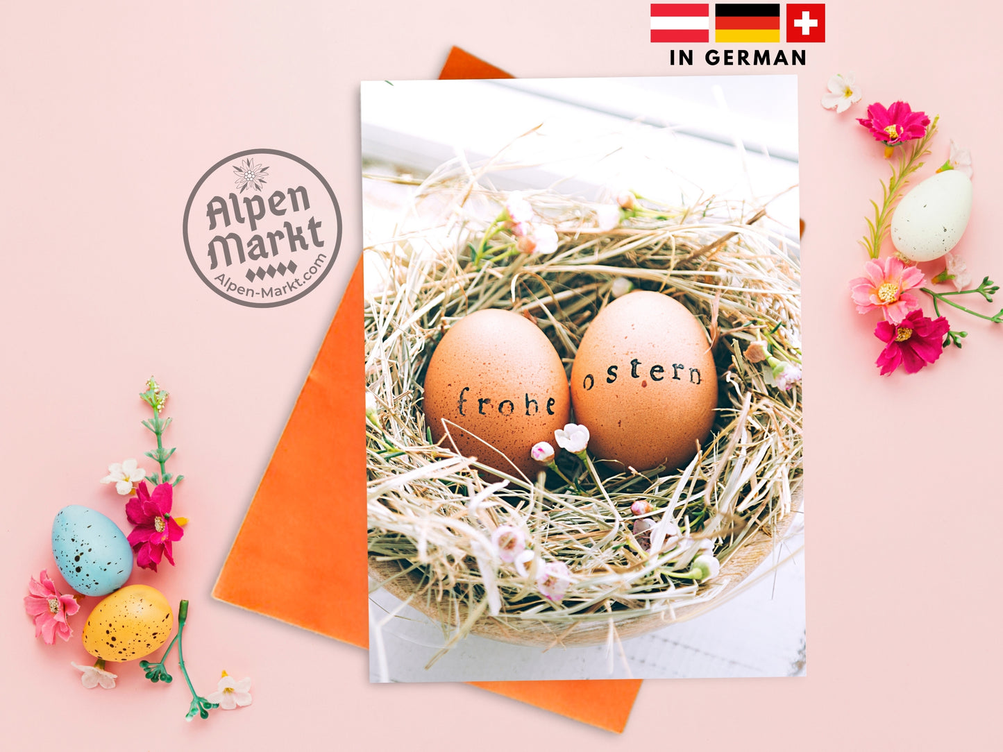Eggs in nest "Frohe Ostern" pretty German Easter card