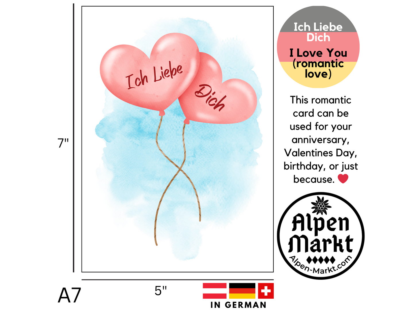 Heart Balloons "Ich Liebe Dich" German I Love You romantic card