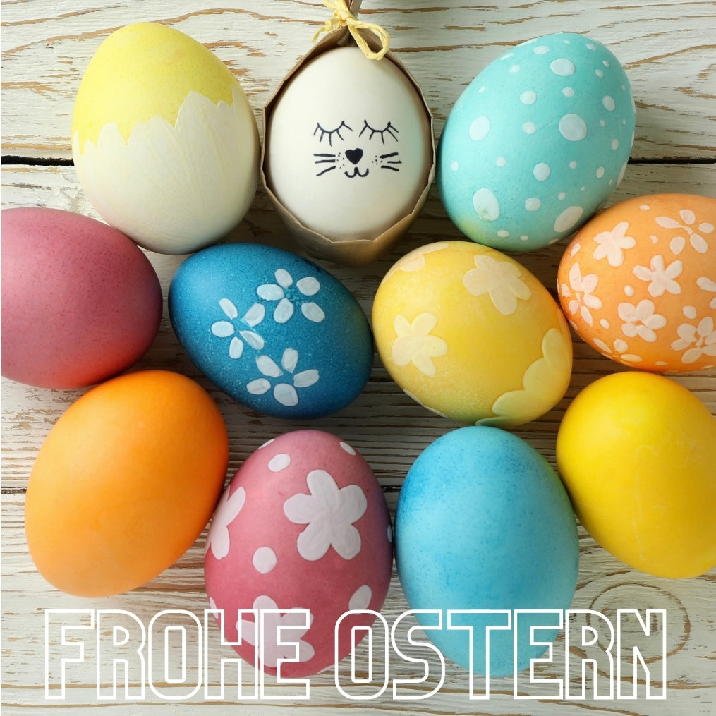 "Frohe Ostern" German Easter card with colored eggs