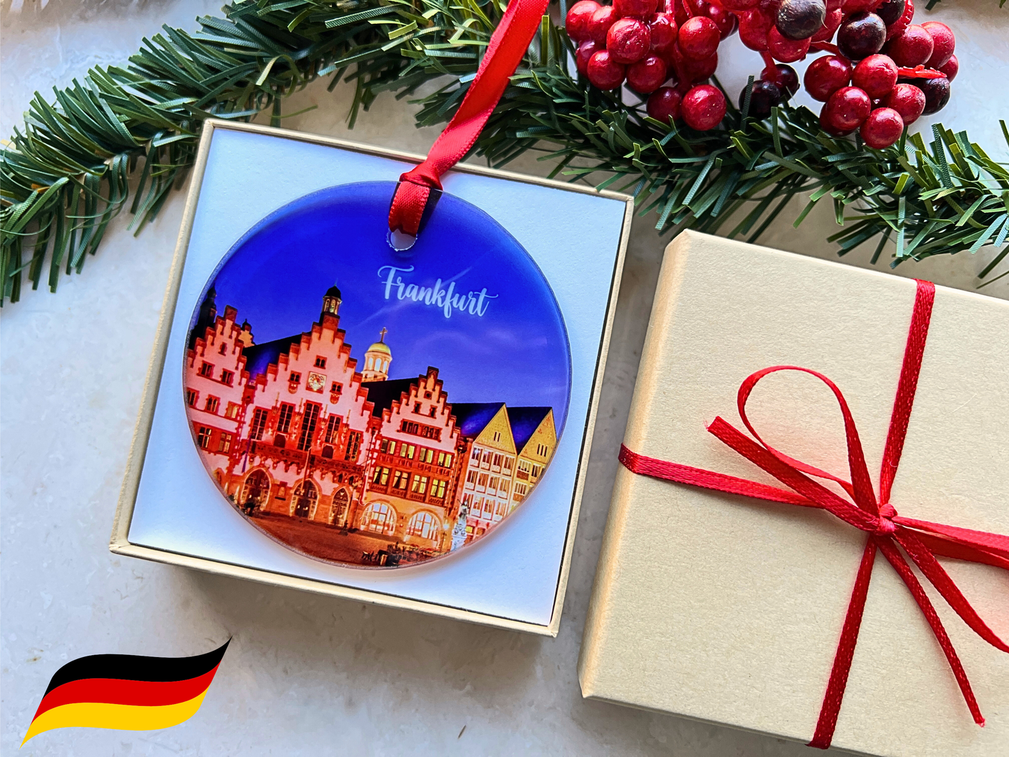 Frankfurt Germany glass ornament with gift box