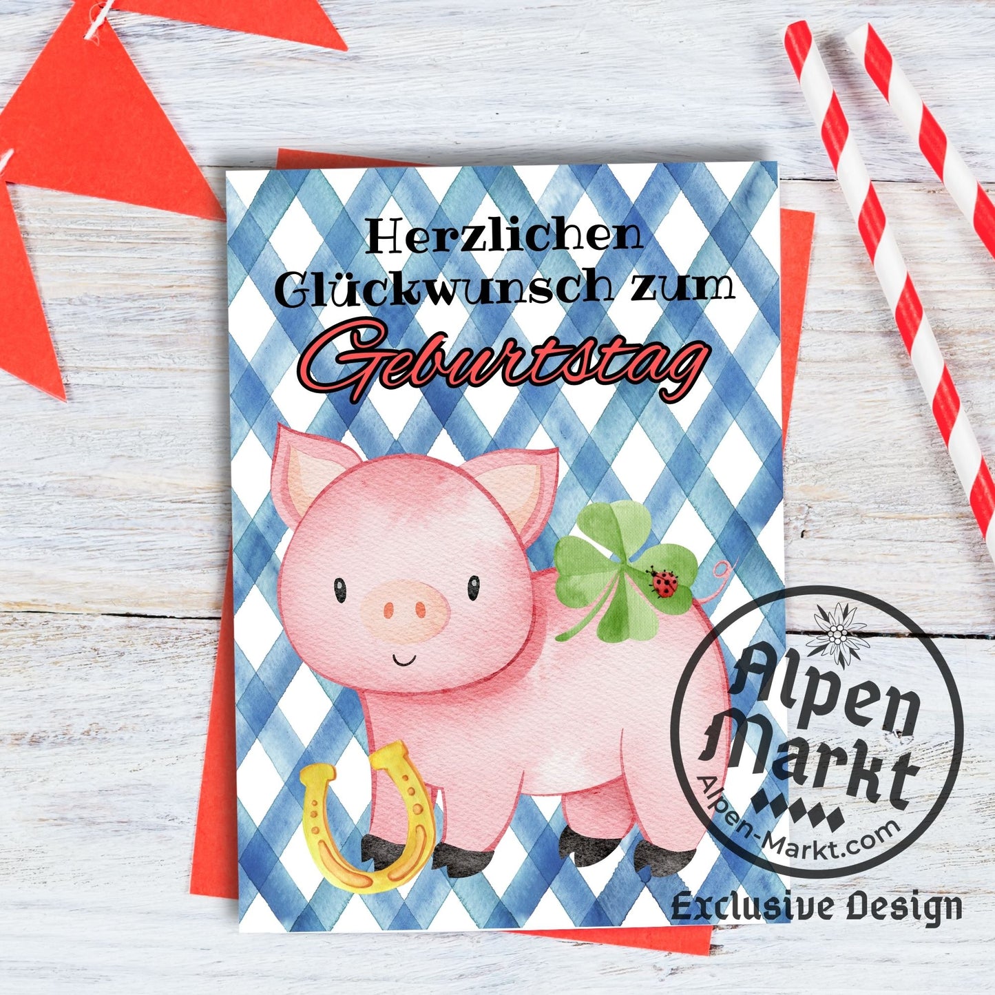 Lucky Pig German Birthday "Geburtstag" Greeting Card