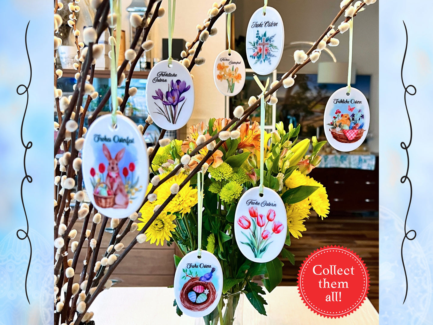 German Ceramic Easter Ornament with Daffodil Design – Frohes Osterfest