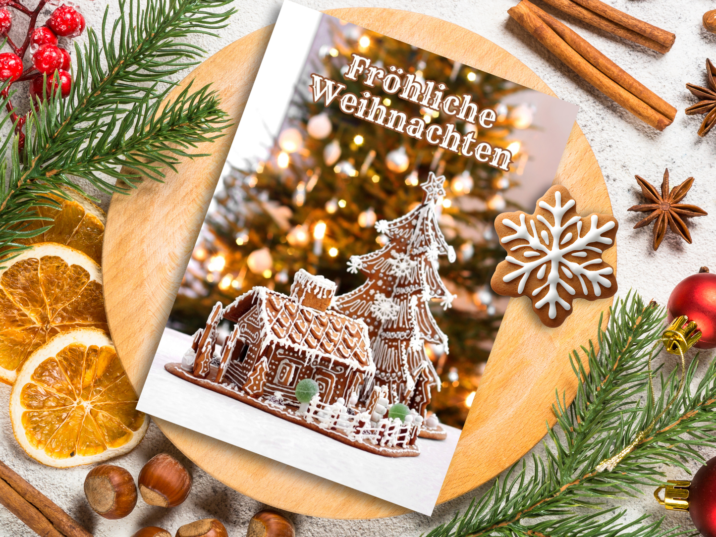 German Christmas Card - Fröhliche Weihnachten gingerbread house