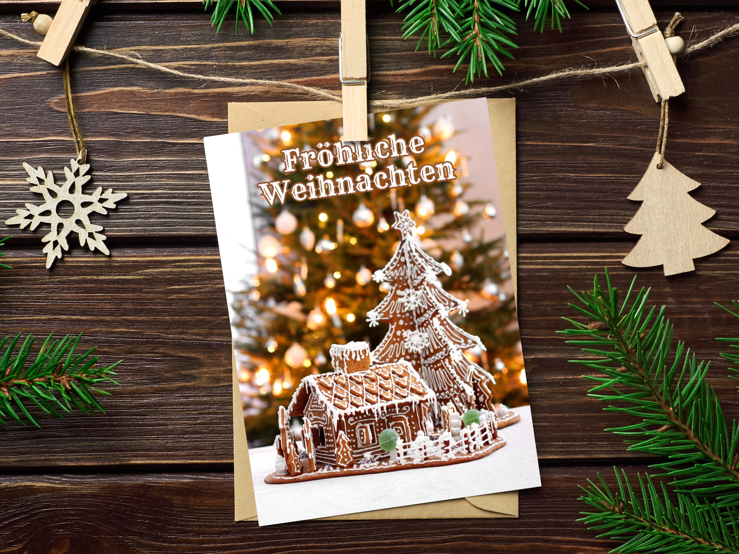 German Christmas Card - Fröhliche Weihnachten gingerbread house