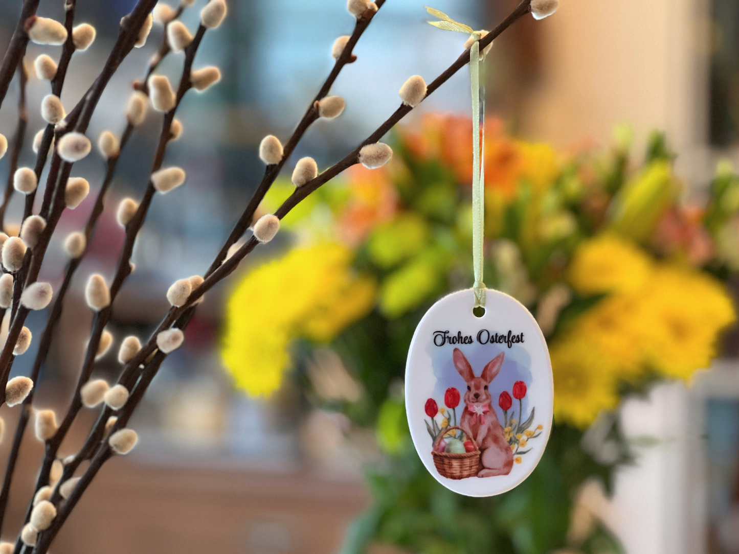 German Ceramic Easter Ornament with Bunny & Basket – Frohes Osterfest