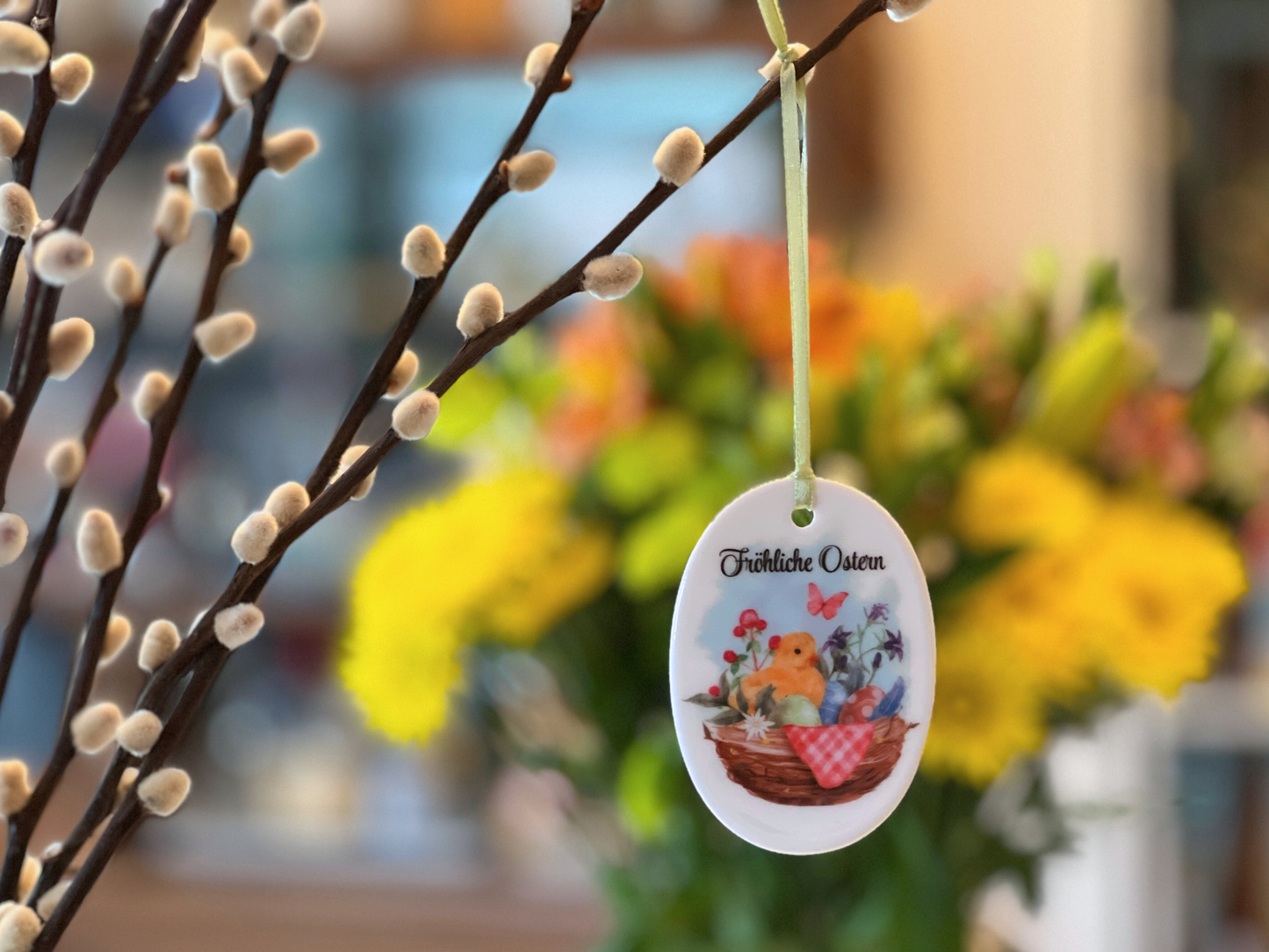 German Ceramic Easter Ornament with Colored Eggs in Bird Nest – Frohe Ostern