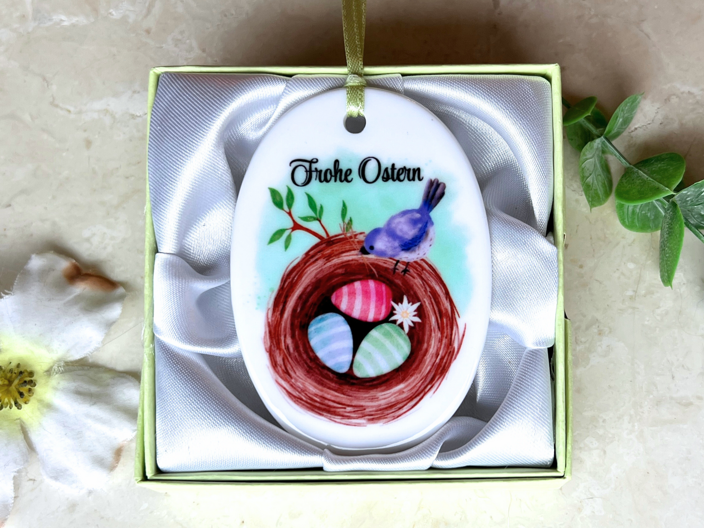 German Ceramic Easter Ornament with Colored Eggs in Bird Nest – Frohe Ostern