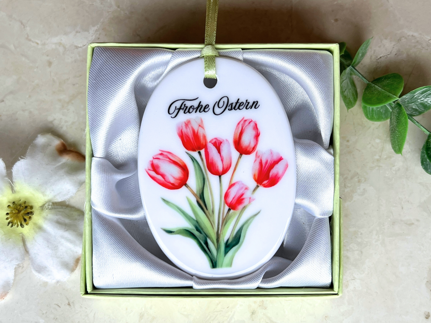 German Ceramic Easter Ornament with Daffodil Design – Frohes Osterfest
