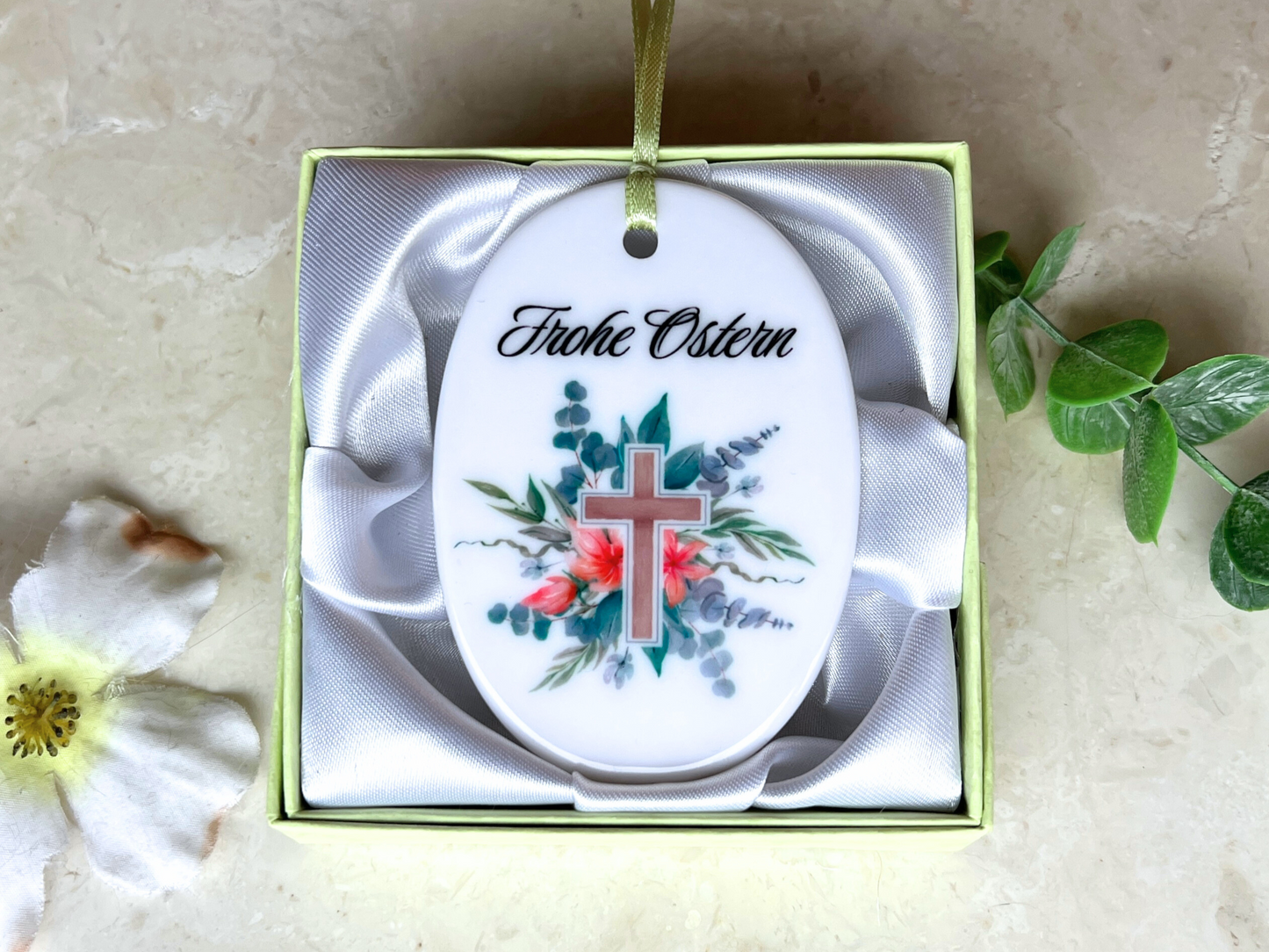 German Ceramic Easter Ornament with Religious Cross – Frohe Ostern