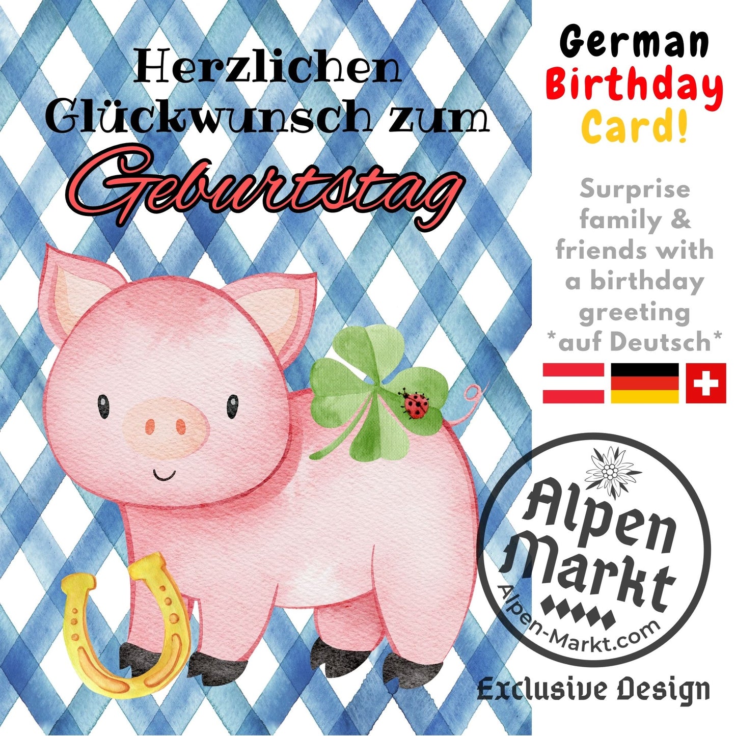 Lucky Pig German Birthday "Geburtstag" Greeting Card