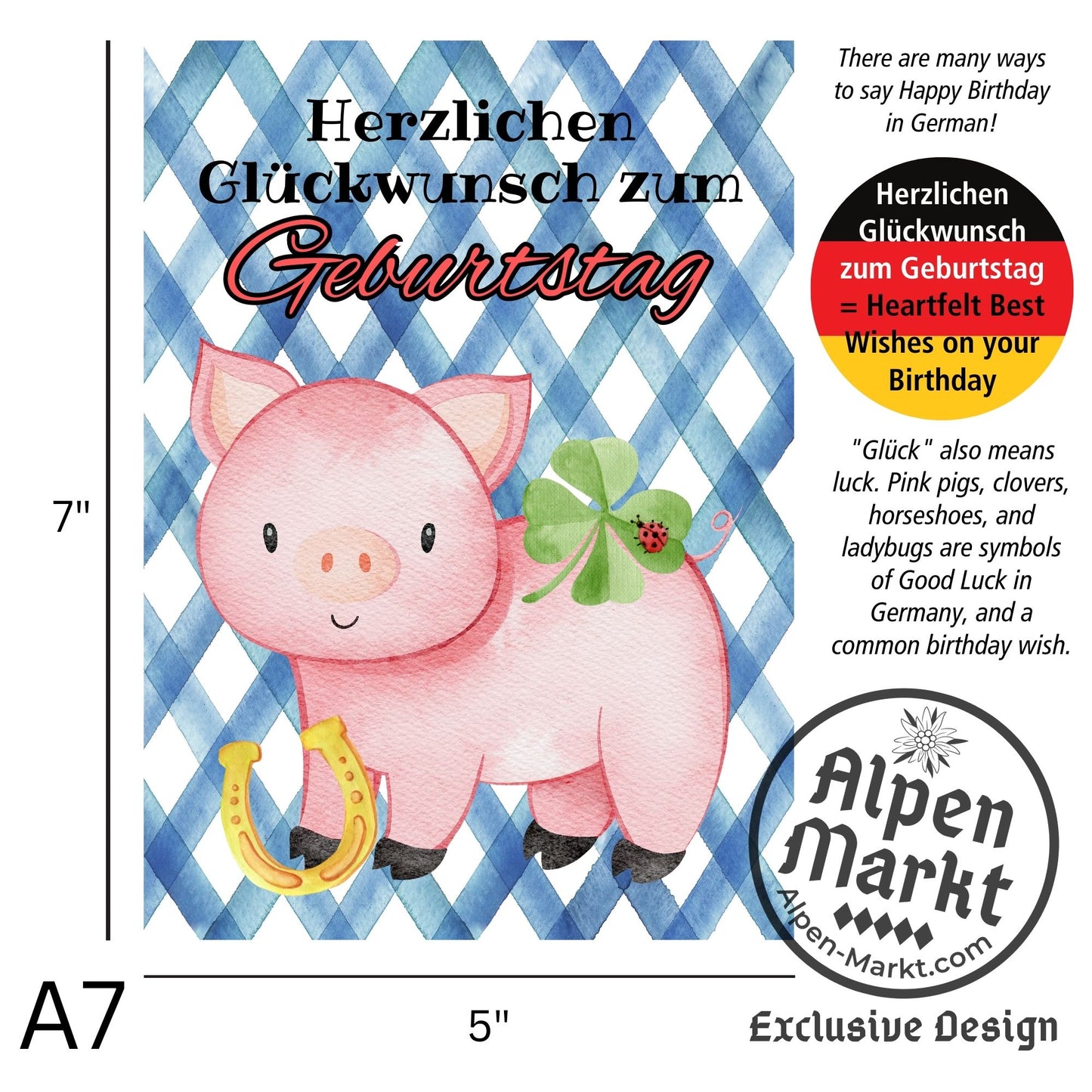 Lucky Pig German Birthday "Geburtstag" Greeting Card