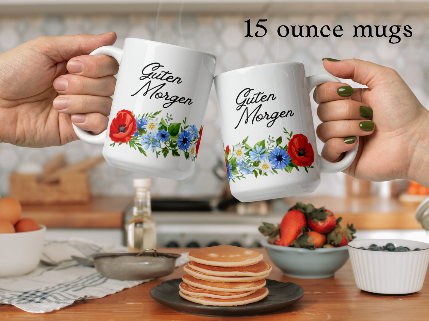 German Good Morning Mug “Guten Morgen” with Alpine flowers - white - 11 oz, 15 oz, 20 oz