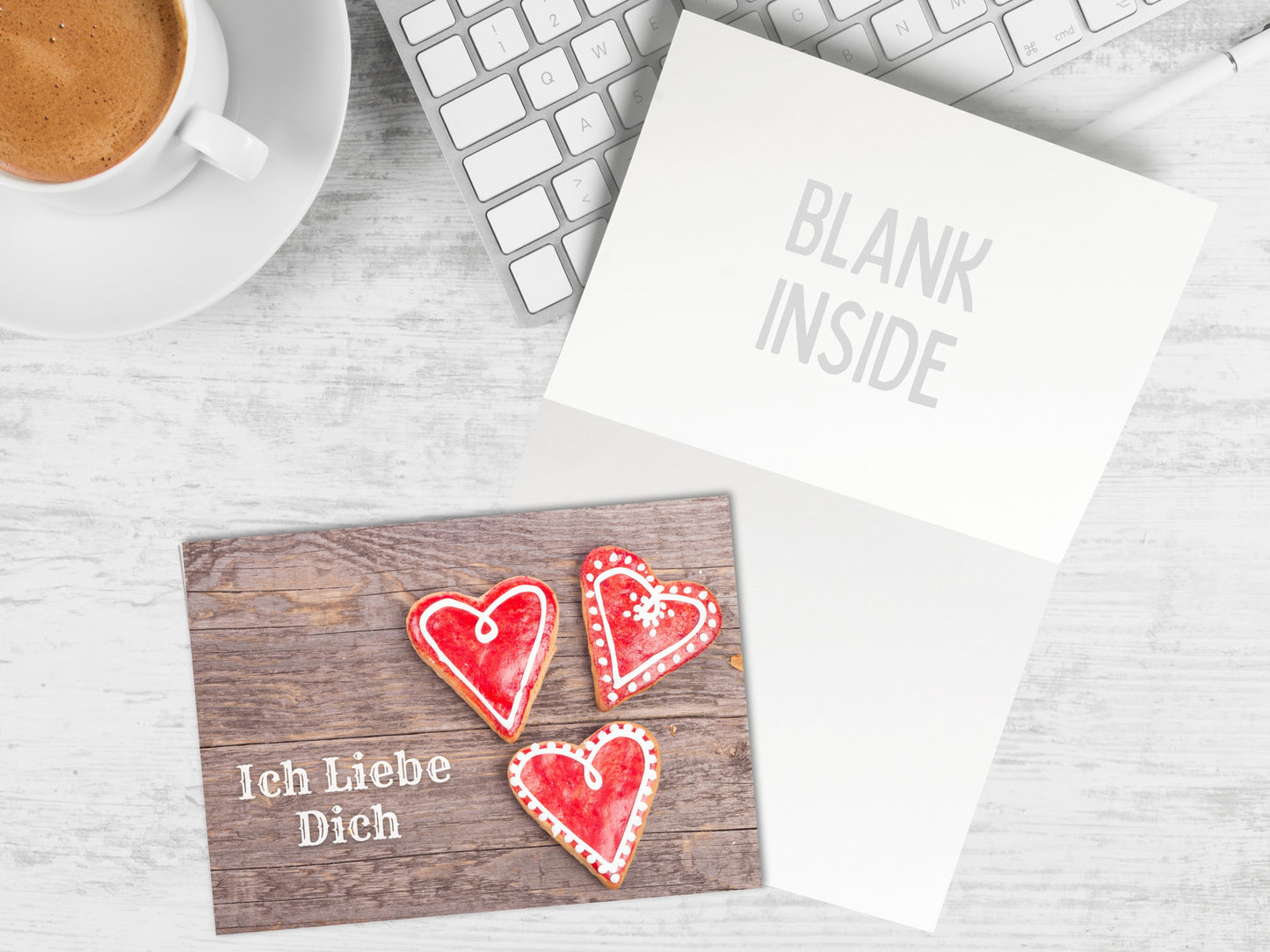 "Ich Liebe Dich" German romantic greeting card with cookie hearts