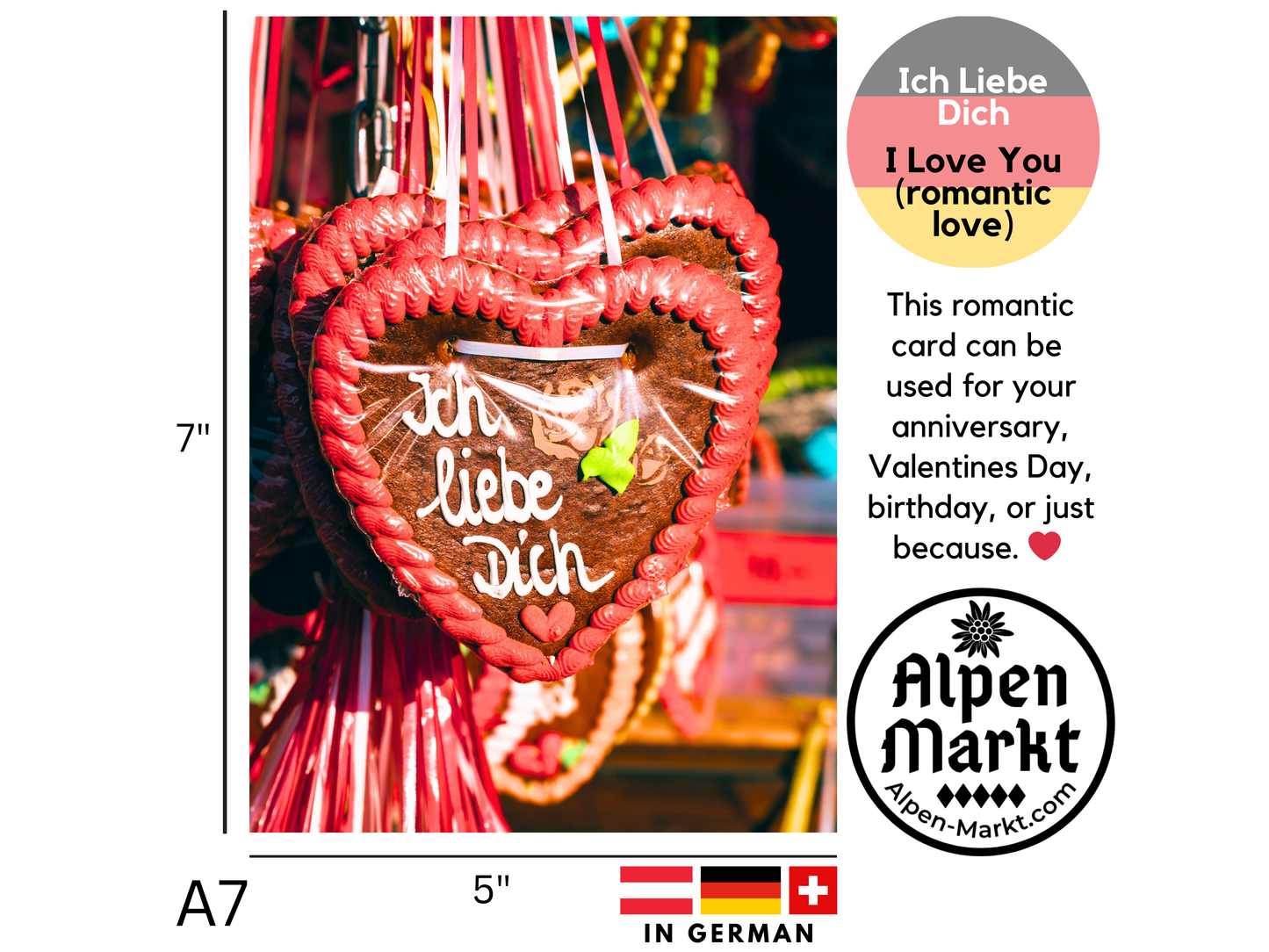 "Ich Liebe Dich" German romantic greeting card with Lebkuchen Heart