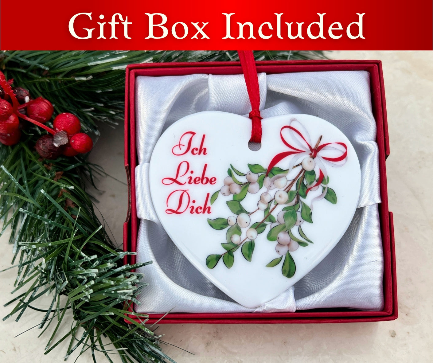 Ich Liebe Dich German ceramic ornament with gift box