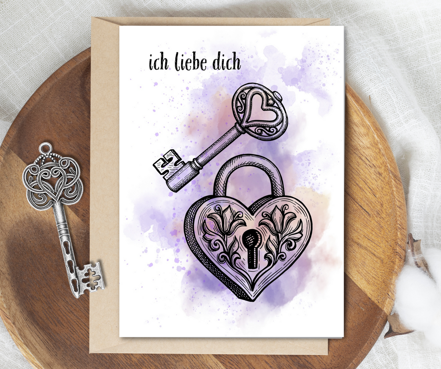 "Ich Liebe Dich" German romantic greeting card with key to heart