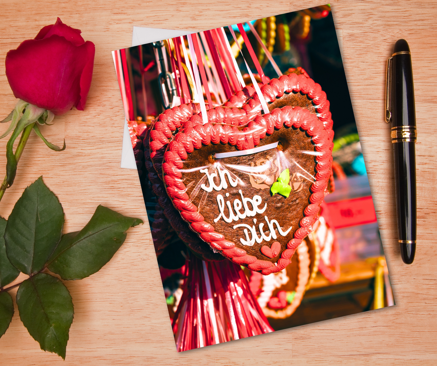 "Ich Liebe Dich" German romantic greeting card with Lebkuchen Heart