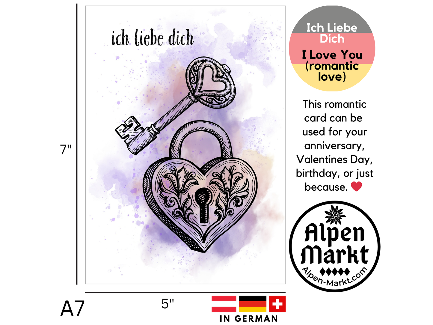 "Ich Liebe Dich" German romantic greeting card with key to heart