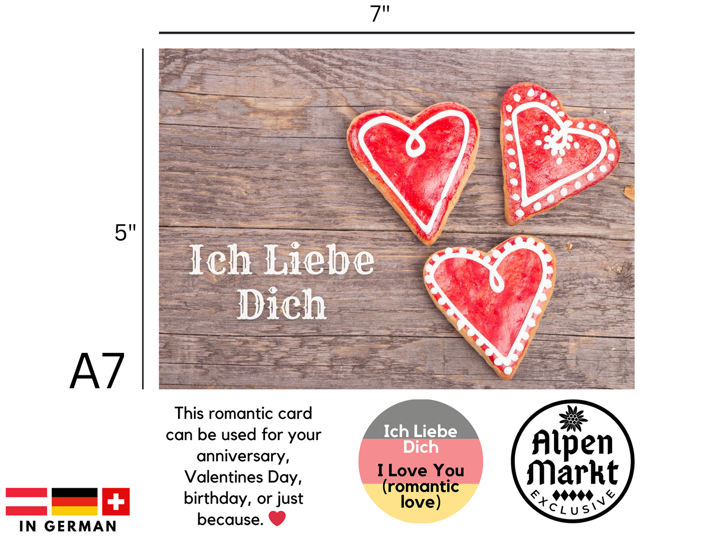"Ich Liebe Dich" German romantic greeting card with cookie hearts