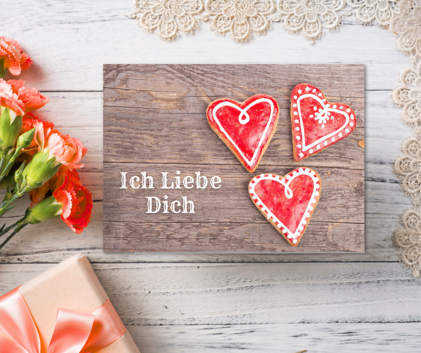 "Ich Liebe Dich" German romantic greeting card with cookie hearts