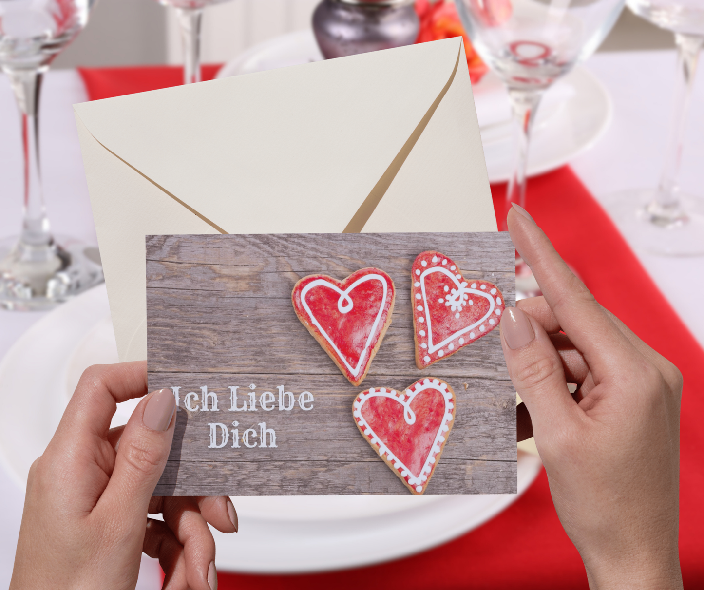 "Ich Liebe Dich" German romantic greeting card with cookie hearts