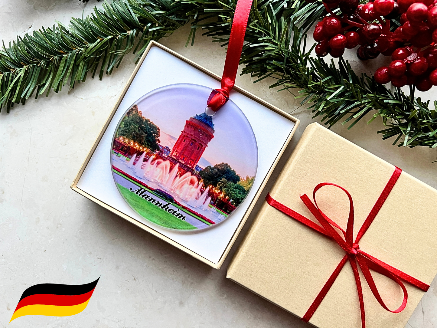 Mannheim Germany glass ornament with gift box