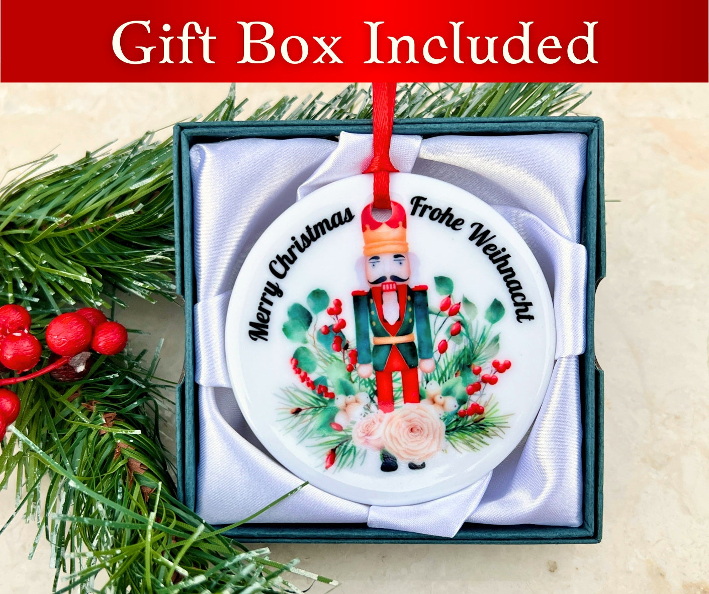 German ceramic Nutcracker ornament with gift box