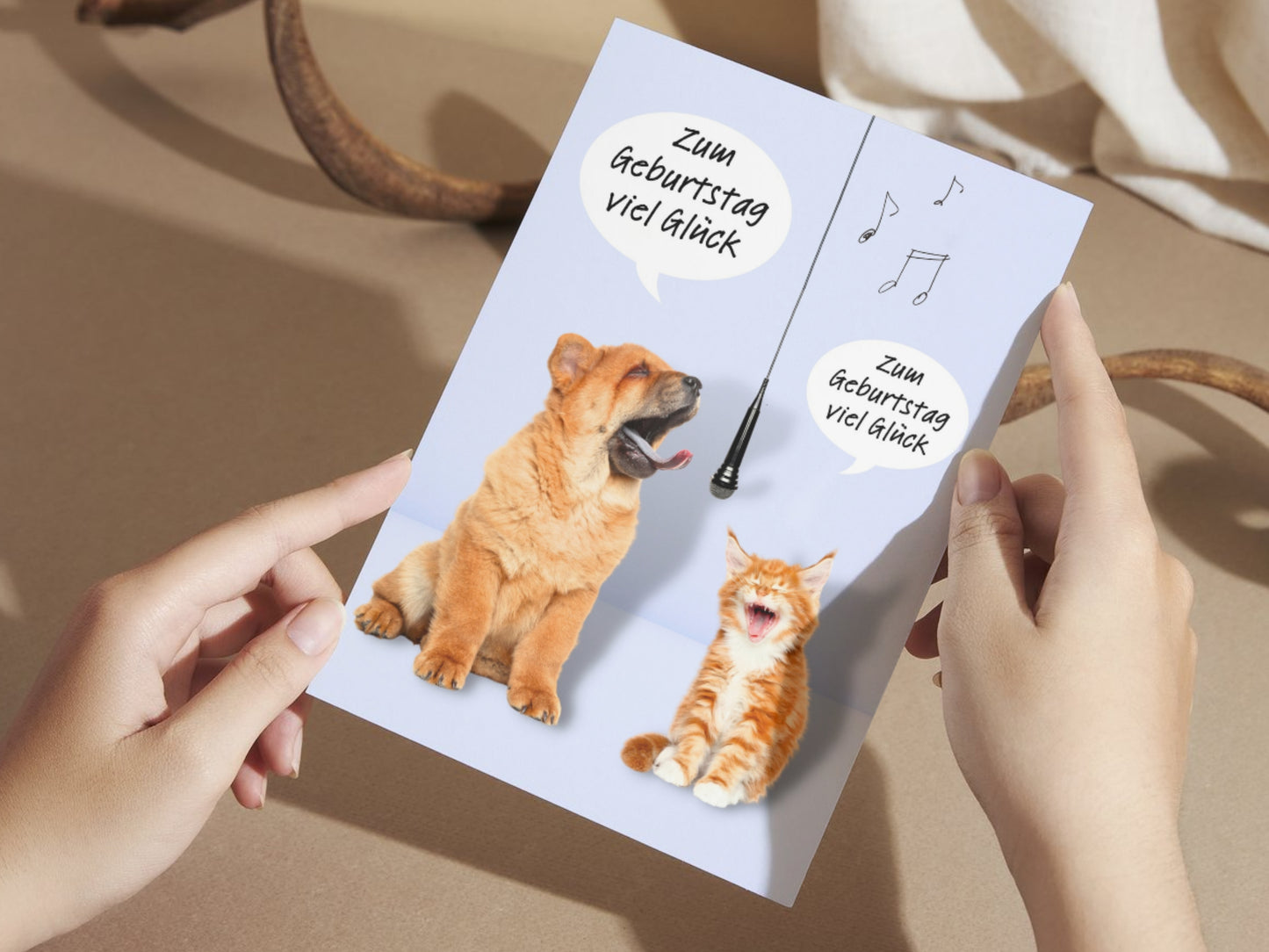 Puppy and Kitten Singing Birthday "Geburtstag" Greeting Card