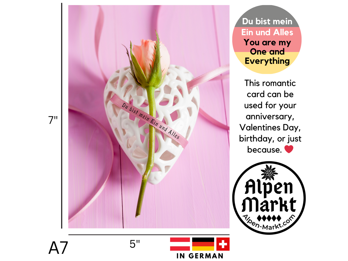 German language card with rosebud and romantic saying