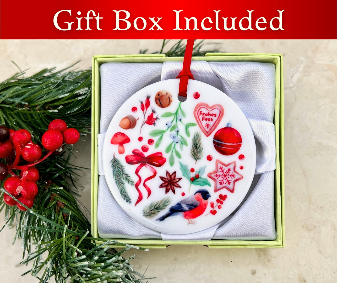 German Christmas ceramic ornament with gift box
