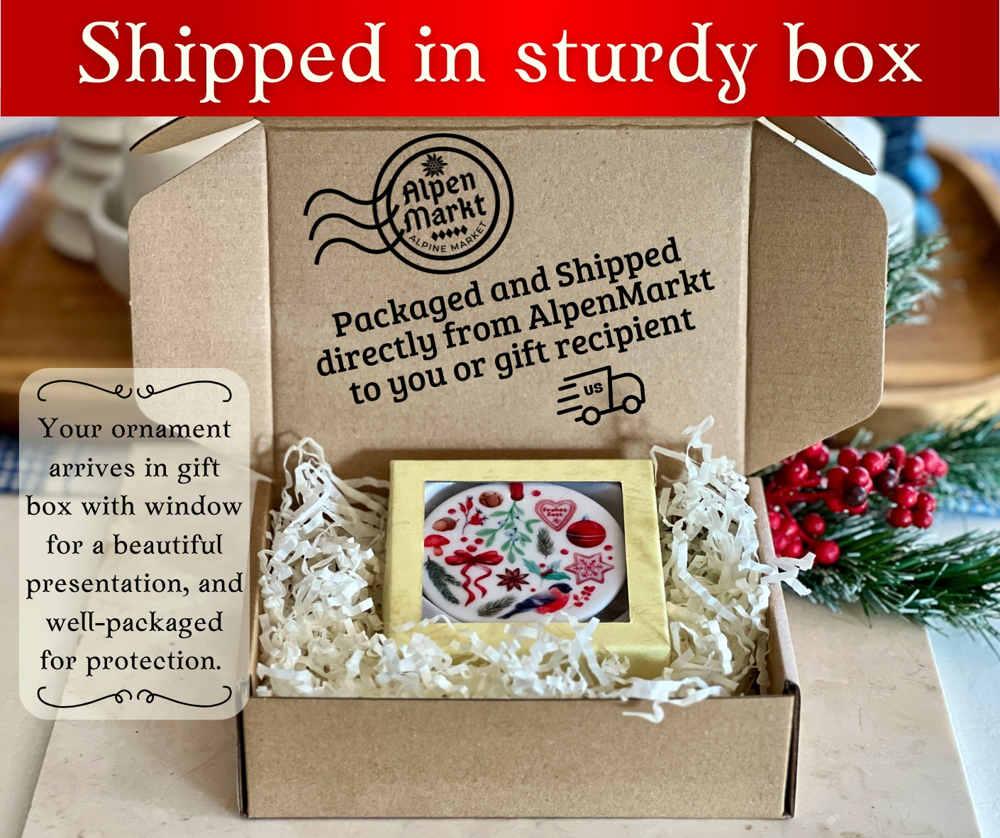 German Christmas ceramic ornament with gift box